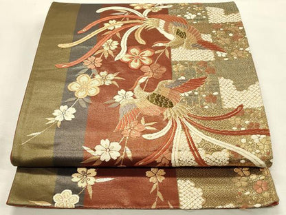 平和屋着物◎六通柄袋帯　唐織　鳳凰枝垂れ花文　金糸　正絹　逸品　DABH2792qp