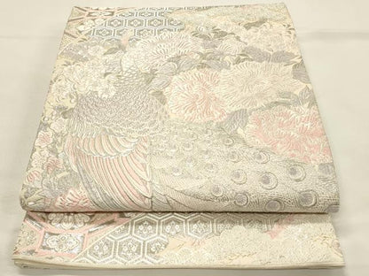 平和屋着物◎六通柄袋帯　扇面孔雀牡丹文　プラチナ箔　正絹　逸品　DABH2807qp