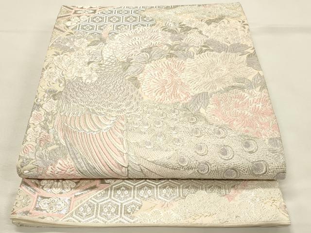 平和屋着物◎六通柄袋帯　扇面孔雀牡丹文　プラチナ箔　正絹　逸品　DABH2807qp