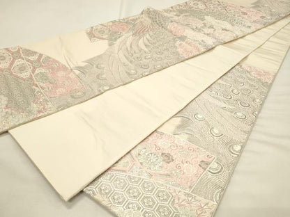 平和屋着物◎六通柄袋帯　扇面孔雀牡丹文　プラチナ箔　正絹　逸品　DABH2807qp