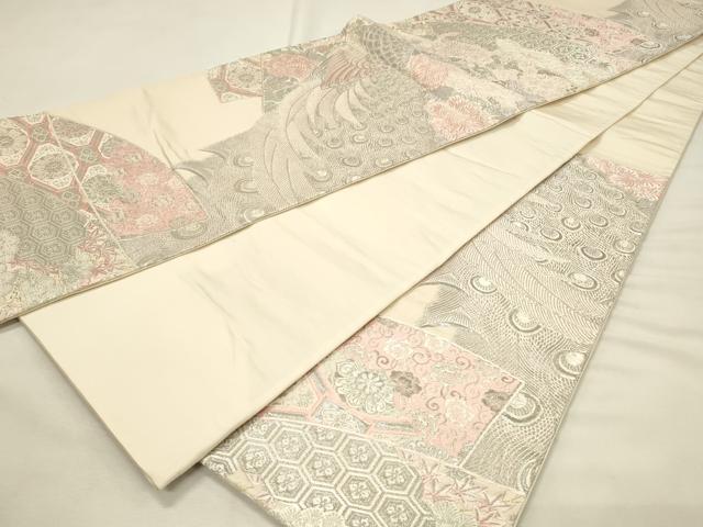 平和屋着物◎六通柄袋帯　扇面孔雀牡丹文　プラチナ箔　正絹　逸品　DABH2807qp