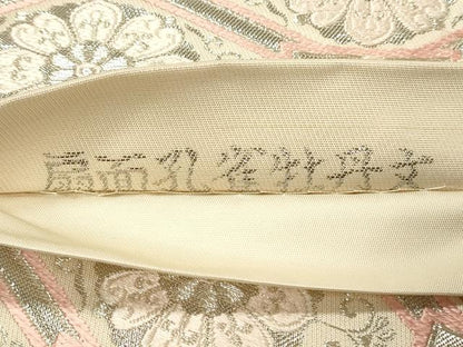 平和屋着物◎六通柄袋帯　扇面孔雀牡丹文　プラチナ箔　正絹　逸品　DABH2807qp