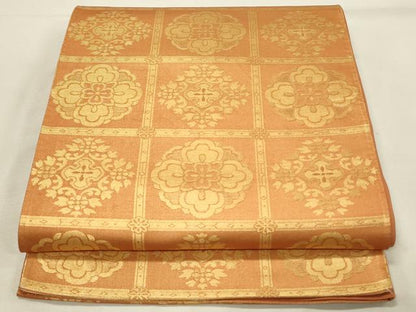 平和屋着物◎六通柄袋帯　格子花文　金糸　正絹　逸品　DABH2808qp