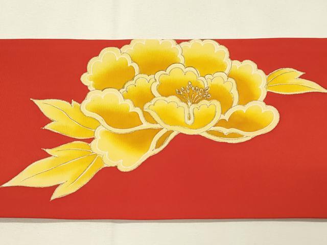 平和屋着物◎塩瀬　九寸名古屋帯　駒刺繍　牡丹　金彩　正絹　逸品　DABH2816qp