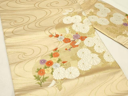 平和屋着物◎九寸名古屋帯　刺繍　流水花文　金銀糸　正絹　逸品　DABH2817qp