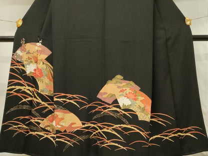 平和屋着物■豪華黒留袖　駒刺繍　地紙鳳凰花文　金彩　正絹　逸品　DABH2824qp