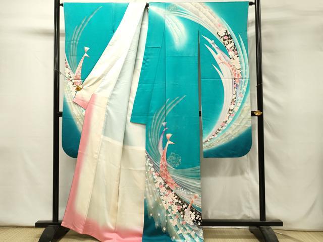 平和屋着物■豪華振袖　孔雀花文　暈し染め　金銀彩　正絹　逸品　DABH2829qp