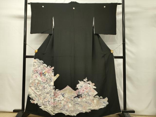 平和屋着物■豪華黒留袖　駒刺繍　尾長鳥花文　金糸　正絹　逸品　DABH2836qp