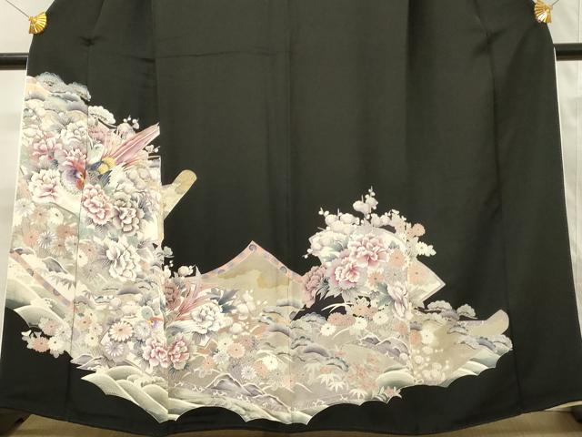 平和屋着物■豪華黒留袖　駒刺繍　尾長鳥花文　金糸　正絹　逸品　DABH2836qp