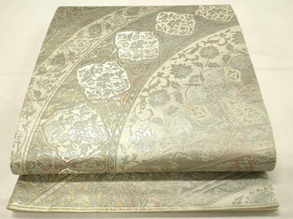 平和屋着物◎六通柄袋帯　作家物　更紗花文　絲綢箔　プラチナ　正絹　逸品　DABH2891qp