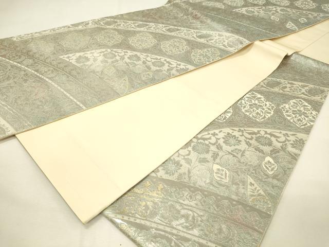 平和屋着物◎六通柄袋帯　作家物　更紗花文　絲綢箔　プラチナ　正絹　逸品　DABH2891qp