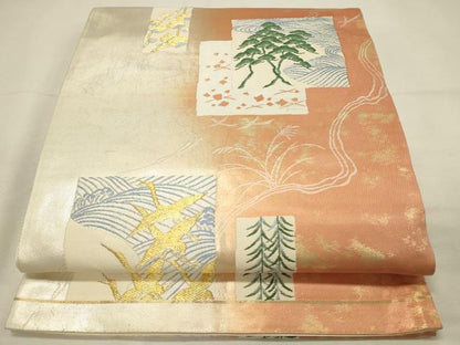 平和屋着物◎六通柄袋帯　短冊色紙飛鶴松文　金糸　引箔　正絹　逸品　DABH2892qp