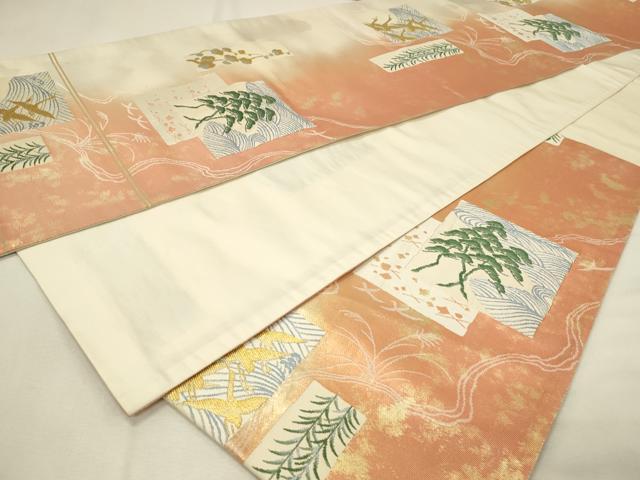 平和屋着物◎六通柄袋帯　短冊色紙飛鶴松文　金糸　引箔　正絹　逸品　DABH2892qp