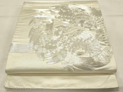 平和屋着物◎太鼓柄袋帯　総刺繍　駒刺繍　向かい鳥鳳凰文　銀糸　正絹　逸品　DABH2898qp
