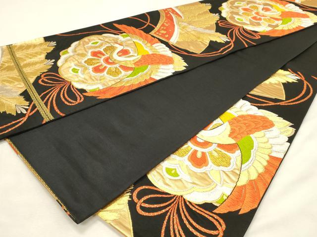 平和屋着物◎六通柄袋帯　唐織　飛鶴花文　黒地　金銀糸　正絹　逸品　DABH2909qp