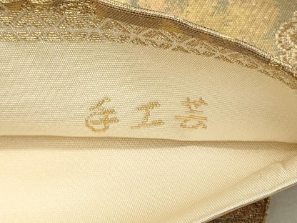 平和屋着物◎西陣　服部織物謹製　六通柄袋帯　正倉院花文　こはく錦　手工芸　金糸　引箔　三越扱い　正絹　逸品　DABH2926qp
