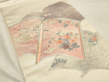 平和屋着物◎太鼓柄袋帯　駒刺繍　冊子飛鶴花文　金銀糸　正絹　逸品　DABH2929qp