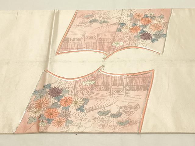 平和屋着物◎太鼓柄袋帯　駒刺繍　冊子飛鶴花文　金銀糸　正絹　逸品　DABH2929qp