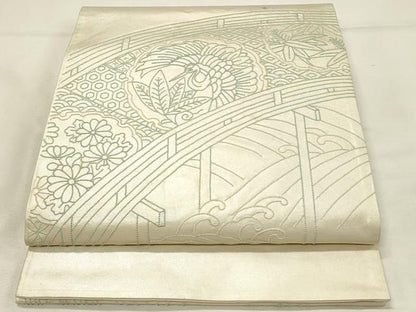 平和屋着物◎中国三大刺繍　相良刺繍　総刺繍　太鼓柄袋帯　渡橋雪輪飛鶴花文　正絹　逸品　DABH2930qp