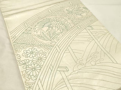 平和屋着物◎中国三大刺繍　相良刺繍　総刺繍　太鼓柄袋帯　渡橋雪輪飛鶴花文　正絹　逸品　DABH2930qp