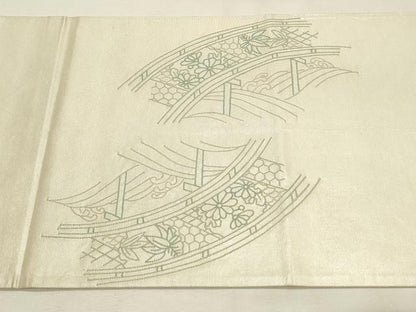 平和屋着物◎中国三大刺繍　相良刺繍　総刺繍　太鼓柄袋帯　渡橋雪輪飛鶴花文　正絹　逸品　DABH2930qp