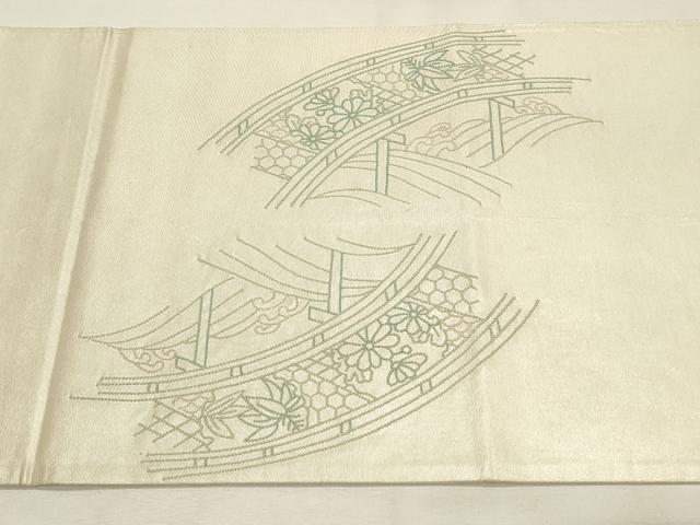 平和屋着物◎中国三大刺繍　相良刺繍　総刺繍　太鼓柄袋帯　渡橋雪輪飛鶴花文　正絹　逸品　DABH2930qp