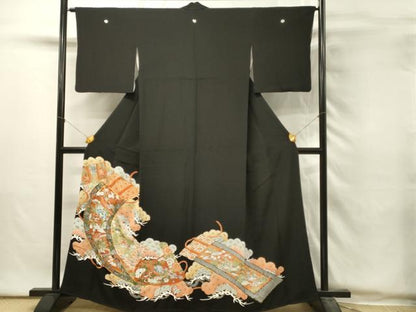 平和屋着物■豪華黒留袖　駒刺繍　絵巻花鳥文　金彩　正絹　逸品　DABH2935qp