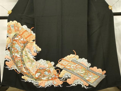 平和屋着物■豪華黒留袖　駒刺繍　絵巻花鳥文　金彩　正絹　逸品　DABH2935qp