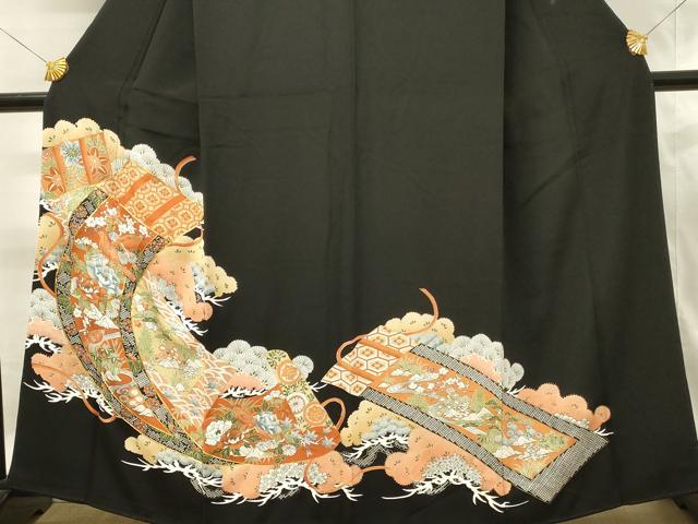 平和屋着物■豪華黒留袖　駒刺繍　絵巻花鳥文　金彩　正絹　逸品　DABH2935qp