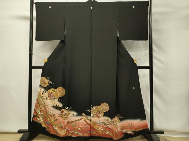 平和屋着物■豪華黒留袖　作家物　駒刺繍　人物花鳥文　鬘帯　暈し染め　金彩　正絹　逸品　DABH2936qp