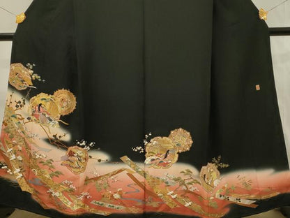 平和屋着物■豪華黒留袖　作家物　駒刺繍　人物花鳥文　鬘帯　暈し染め　金彩　正絹　逸品　DABH2936qp