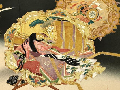 平和屋着物■豪華黒留袖　作家物　駒刺繍　人物花鳥文　鬘帯　暈し染め　金彩　正絹　逸品　DABH2936qp