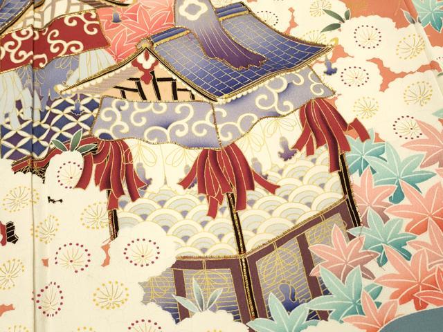 平和屋着物■豪華振袖　駒刺繍　楽器風景花文　鼓　金彩　正絹　逸品　DABH2941qp