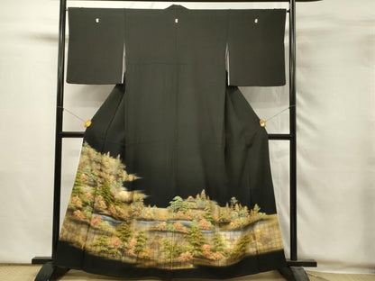 平和屋着物■豪華黒留袖　風景樹林文　暈し染め　金彩　正絹　逸品　DABH2945qp
