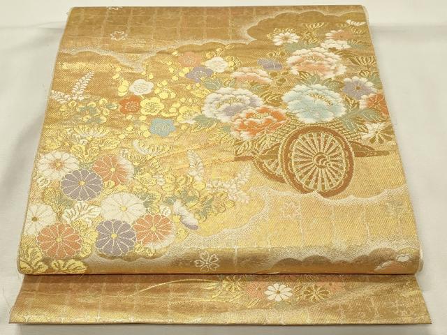 平和屋着物◎西陣　服部織物謹製　六通柄袋帯　雲取花車文様　金糸　正絹　逸品　DABH2958qp