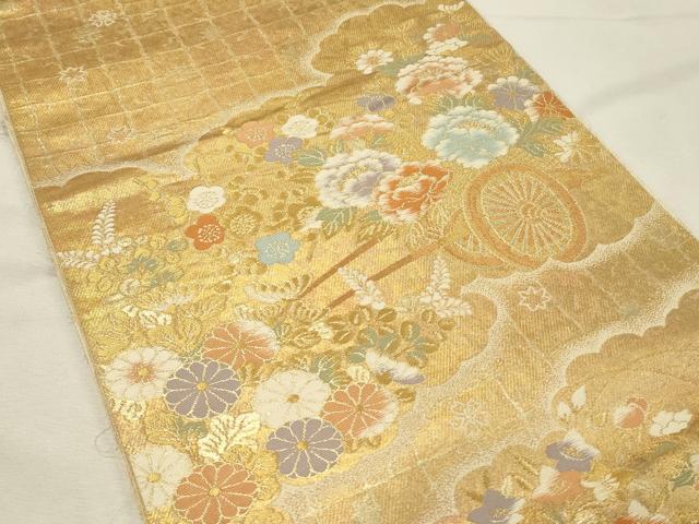 平和屋着物◎西陣　服部織物謹製　六通柄袋帯　雲取花車文様　金糸　正絹　逸品　DABH2958qp