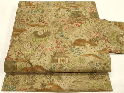平和屋着物◎全通柄九寸名古屋帯　手描き　風景草花文　正絹　逸品　DABH2978qp