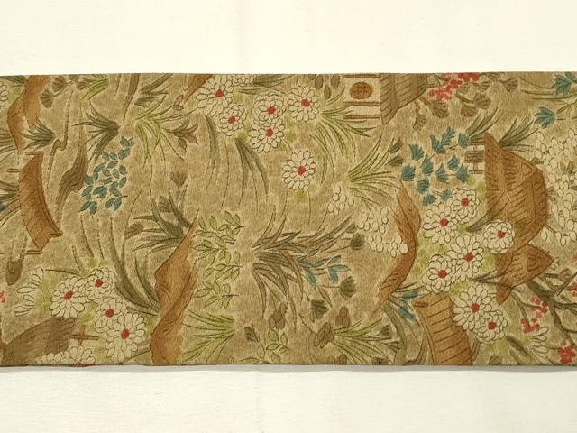 平和屋着物◎全通柄九寸名古屋帯　手描き　風景草花文　正絹　逸品　DABH2978qp