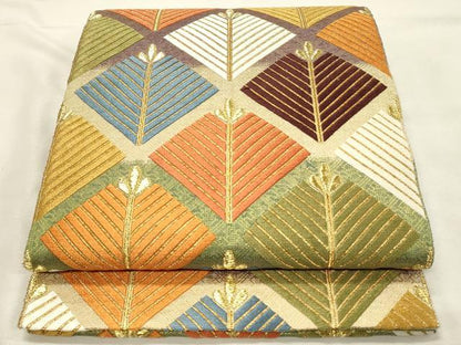 平和屋着物◎太鼓柄袋帯　唐織　松葉菱文　金糸　正絹　逸品　DABH2981qp
