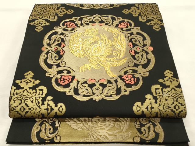 平和屋着物◎全通柄　本袋帯　花鳥文　黒地　金糸　正絹　逸品　DABH2983qp