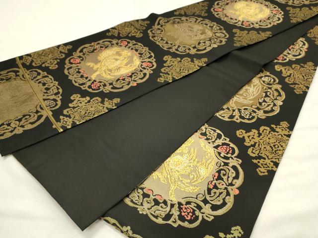 平和屋着物◎全通柄　本袋帯　花鳥文　黒地　金糸　正絹　逸品　DABH2983qp
