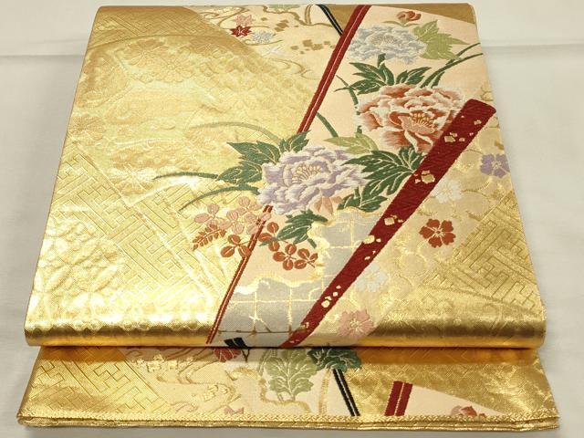 平和屋着物◎佐賀錦　六通柄袋帯　唐織　扇子　舞蝶花文　金糸　正絹　逸品　未使用　DABH2996qp