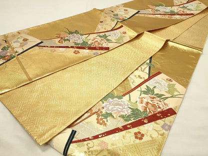 平和屋着物◎佐賀錦　六通柄袋帯　唐織　扇子　舞蝶花文　金糸　正絹　逸品　未使用　DABH2996qp