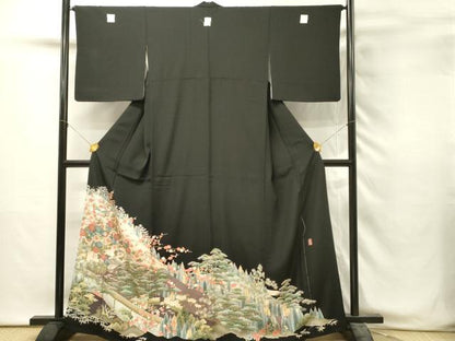 平和屋着物■豪華黒留袖　友禅　作家物　風景花松文　正絹　逸品　未使用　DABH3016qp