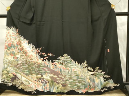 平和屋着物■豪華黒留袖　友禅　作家物　風景花松文　正絹　逸品　未使用　DABH3016qp