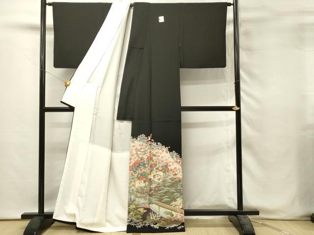 平和屋着物■豪華黒留袖　友禅　作家物　風景花松文　正絹　逸品　未使用　DABH3016qp