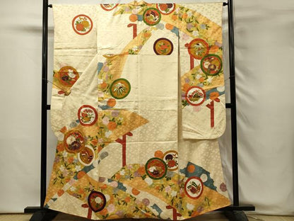 平和屋着物■豪華振袖　駒刺繍　渡橋花蝶丸文　金彩　正絹　逸品　DABH3052qp