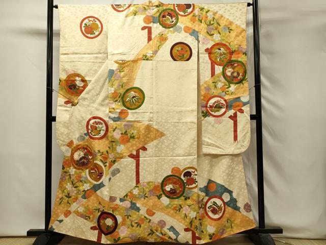 平和屋着物■豪華振袖　駒刺繍　渡橋花蝶丸文　金彩　正絹　逸品　DABH3052qp