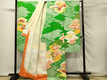 平和屋着物■豪華振袖　駒刺繍　絞り　松皮菱花松文　牡丹　金彩　正絹　逸品　DABH3053qp
