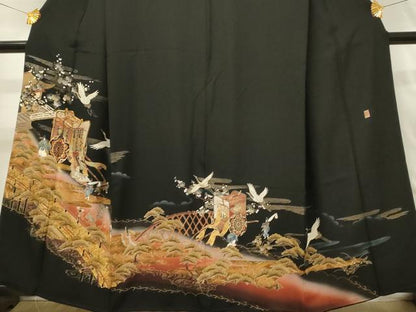 平和屋着物■豪華黒留袖　作家物　駒刺繍　御所車飛鶴人物花松文　暈し染め　金彩　正絹　逸品　DABH3070qp
